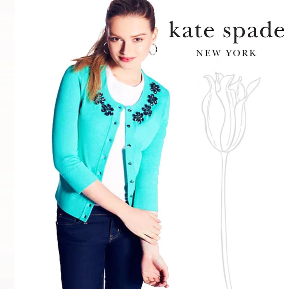 Kate Spade Teal Leni Embellished Cardigan Sweater XS - Picture 1 of 9